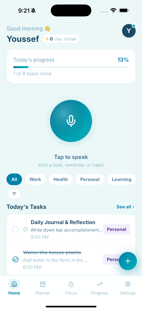 GoDo home screen with voice capture, daily progress, and task list